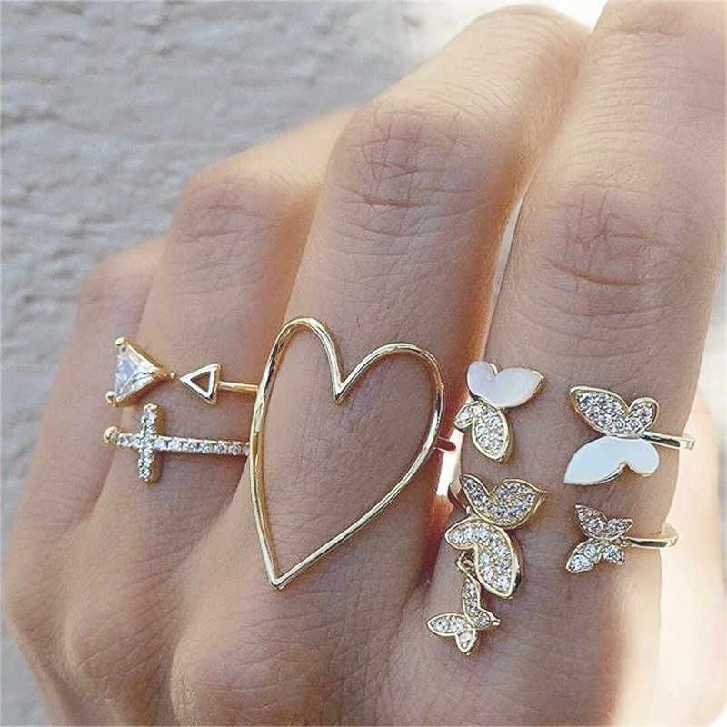 5Pcs/Set Fashion Simple Inlaid Zircon Butterfly Ring / Cross Triangle Love Fine Ring with Full Drilled Oil Set Ring