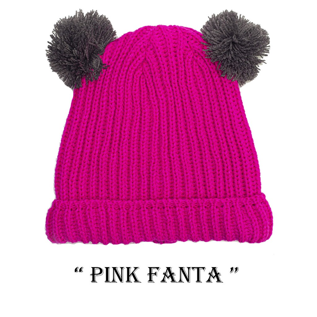 Kupluk Pompom Anak Bayi Cewek Cowok Polos / Bordir Nama Suka Suka-Pink Fanta