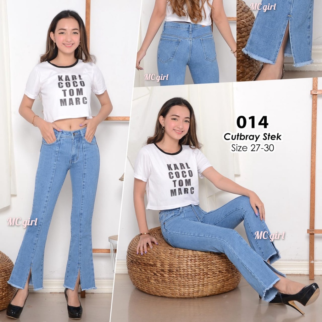 MC girl - Celana Jeans Premium Non-Stretch Cutbray Tulang Belah Bawah Rawis Wanita / Cutbrai Garis Belah Depan Cewek / Cutbrey Stek Belah Tengah / Cutbrei Rumbai / Celana Jeans Kaki Lebar