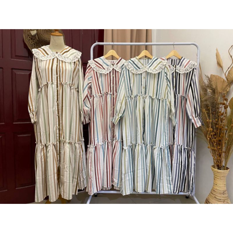 Long Tunik MIDI Dress Salur, Bahan Shakila Senorita ORI by Dusk DSK