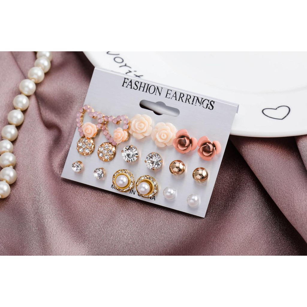 Set anting perempuan 9 pasang bentuk nature flower model korea bagus imut lucu kualitas premium