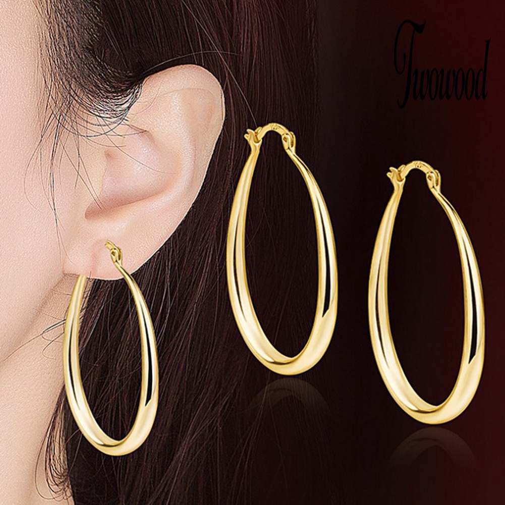 1 Pasang Anting Hoop Oval Bahan Alloy Untuk Wanita