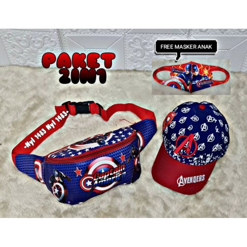 (BISA COD) PAKET 2 IN 1 ,WAISTBAG ANAK LAKI LAKI MOTIF SUPERHERO DAN TOPI ANAK LAKI LAKI MOTIF CAPTAIN AMERIKA FREE MASKER