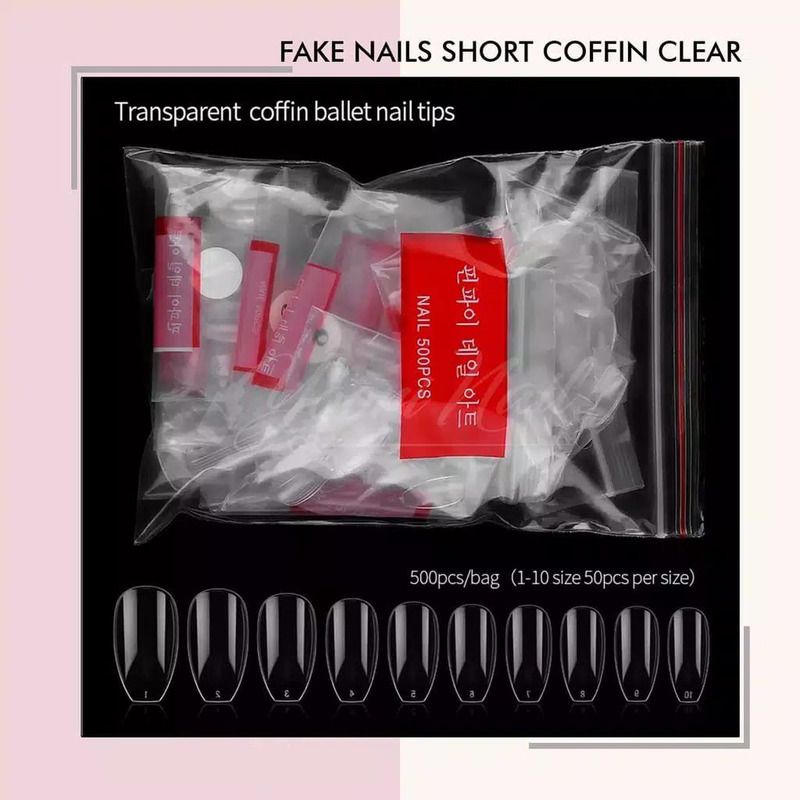 Fake nails coffin ballerina 500pcs kuku palsu coffin pack natural cream clear transparant