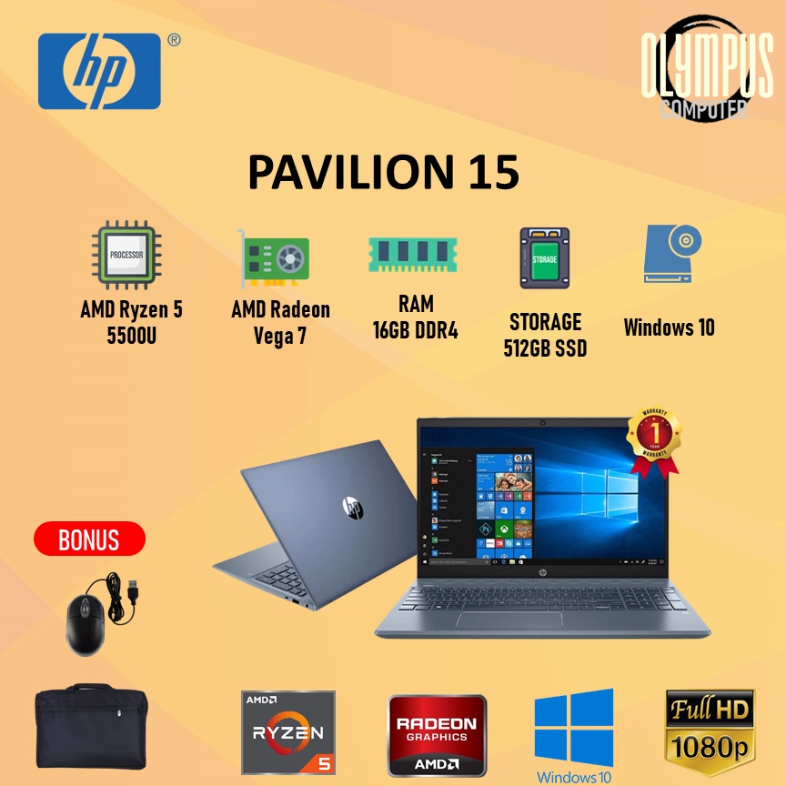 Jual Laptop Hp Pavilion 15 Ryzen 5 5500u 16gb 512ssd Vega7 W10 156fhd Ips Shopee Indonesia 0279