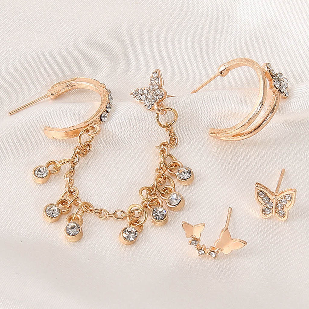 Hu Hu Hu Hu Hu Alat Bantu Pasang Kacamata♡ 4pcs / Set Anting Stud Rantai Bentuk Kupu-Kupu Bahan Alloy Untuk Wanita