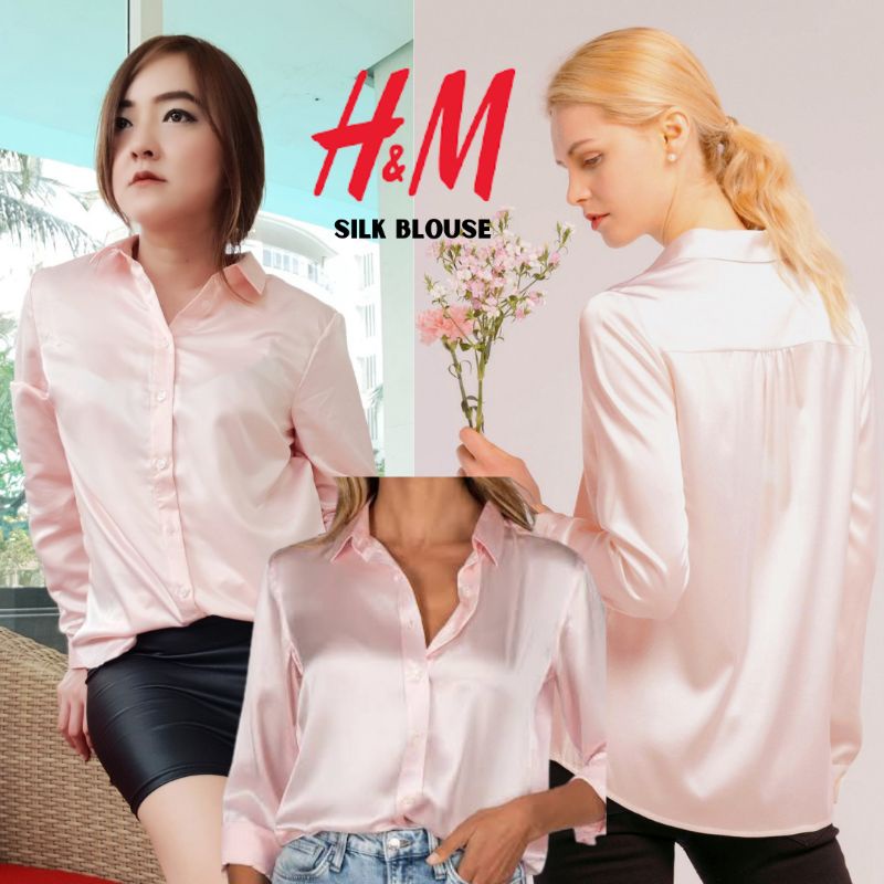 HM HnM original full tag green jade pink satin silk longsleeve shirt kemeja