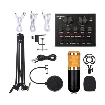PAKET KUMPLIT MIC CONDENSER BM 800 + STAND + SOUNDCARD V8 + SPLITTER - Full Black/48V Phantom Power-Paket BM800 + V8