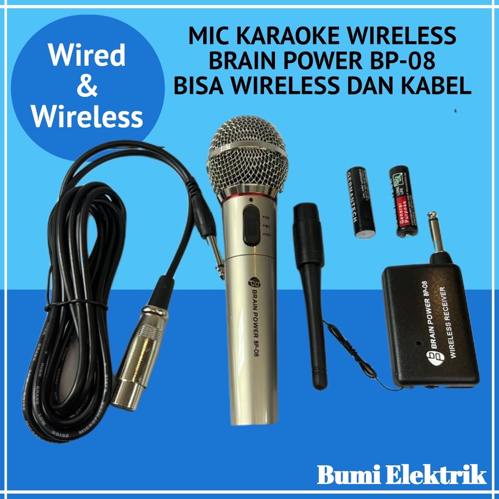 Profesional Microphone Wireless Brain Power BP-08 - Mikrofon Bluetooth dan Kabel - Mic Wired &amp; Wireless - Mic Wireless Murah Berkualitas