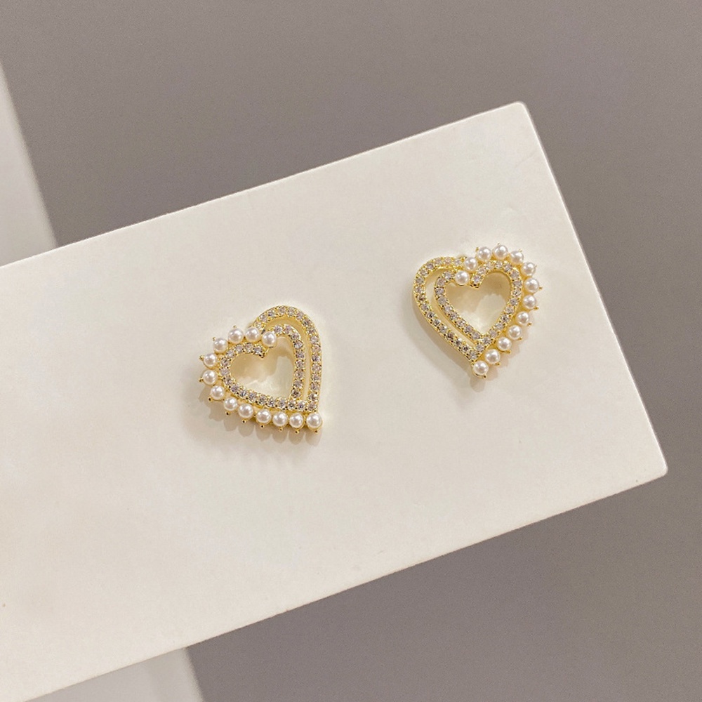 1 Pasang Anting Stud Desain Hati Ganda Aksen Mutiara Berlian Untuk Wanita