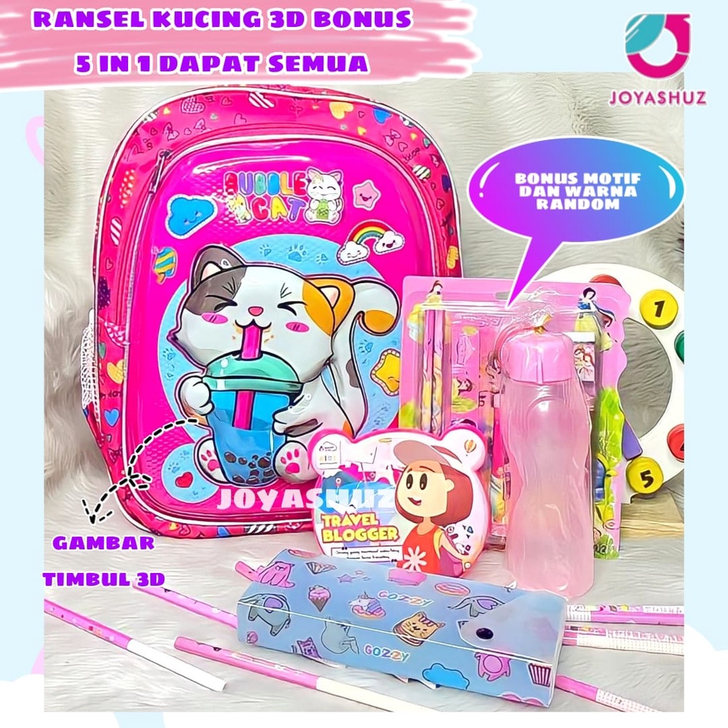 Tas Anak Perempuan Cat Kucing Gratis Bonus - Ransel Cat Anak SD - Tas Ransel Sekolah Anak SD  Karakter Kucing - Tas Anak Perempuan SD Gratis Botol Dan Misting - Tas Sekolah Anak Perempuan Karakter Lucu - Joyashuz