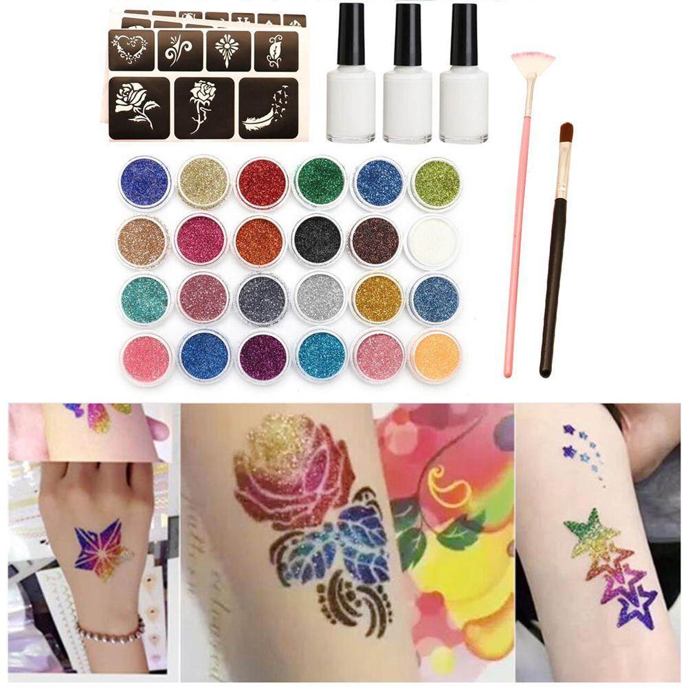 Tato Sementara, Kit Tato Berkilau 24 Warna 1 Set Kit Perlengkapan Makeup Tato Sementara Tahan Air, Tato Jus, Tinta Seni Tubuh