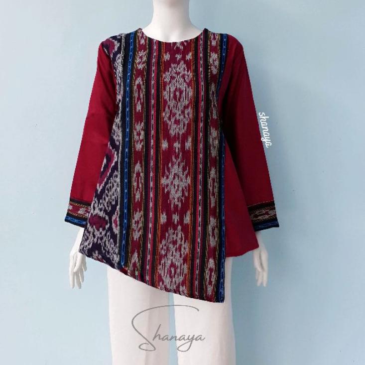 "PLR.25Au22ᵛ" Shanaya Baju Batik Wanita Blus Marun Navy Tenun Belakang Toyobo Batik Kerja Batik Kuli