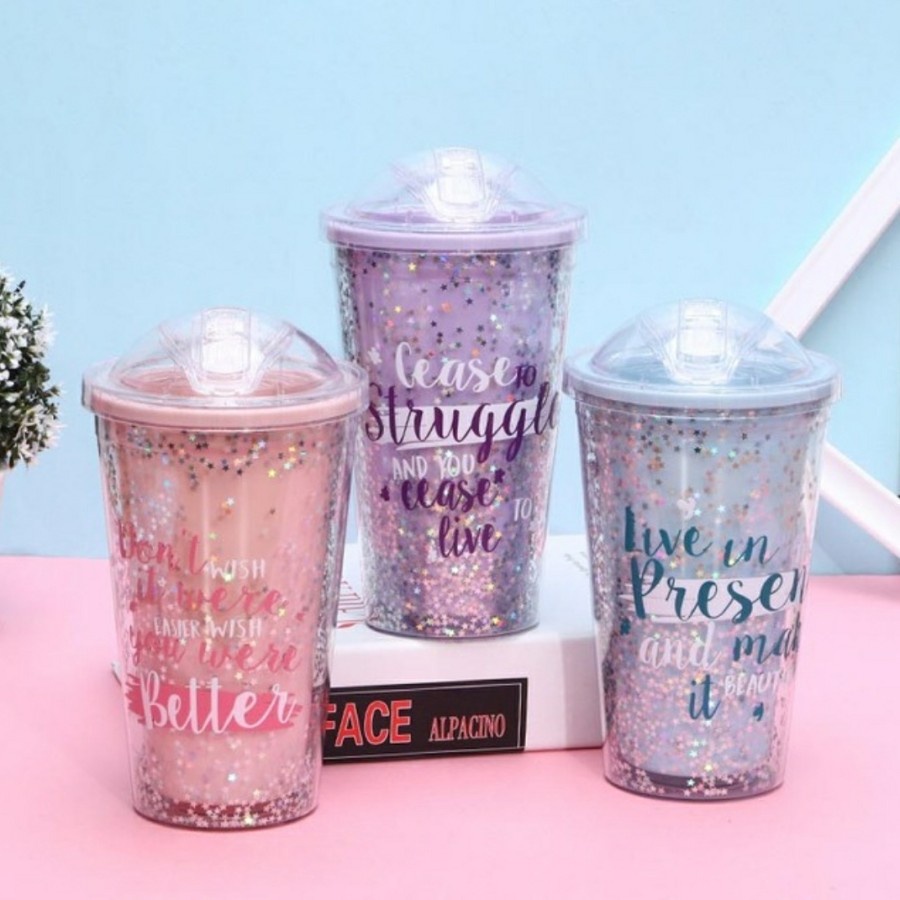 Botol Minum Glitter Gelas Glitter Tumbler Cups Blink Gelas Botol Minum Air Sedotan 450ml