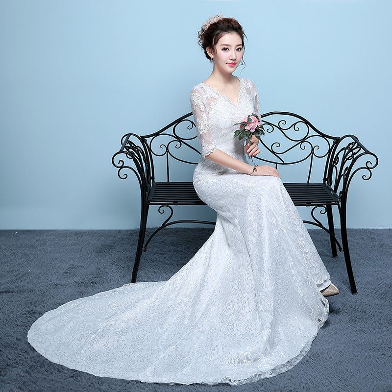 Women Bridal White Mermaid Long Tail Wedding Dress V-neck Half Sleeve Lace Embroidery Wedding Guan