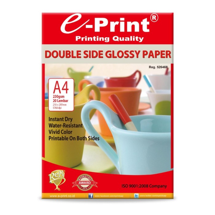 

(DISKON TERMURAH) Kertas foto E-print double side Glossy 230 gsm A4 isi 20 lembar