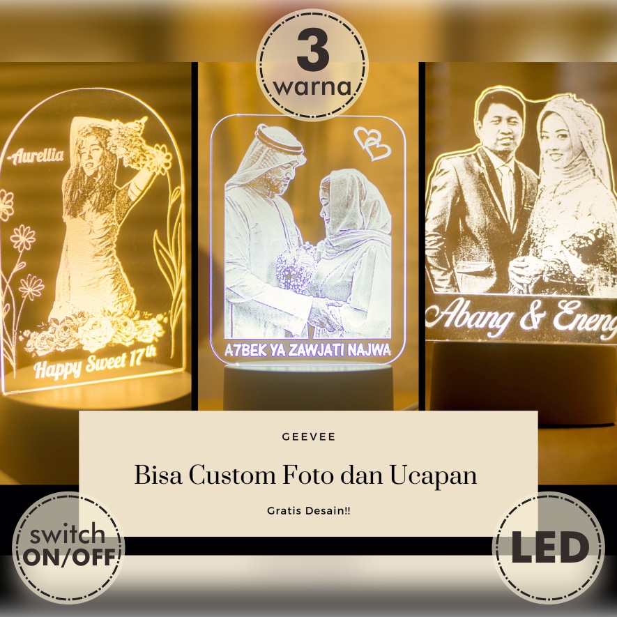 Hadiah kado unik ultah Lampu akrilik foto custom lampu hias meja 3d
