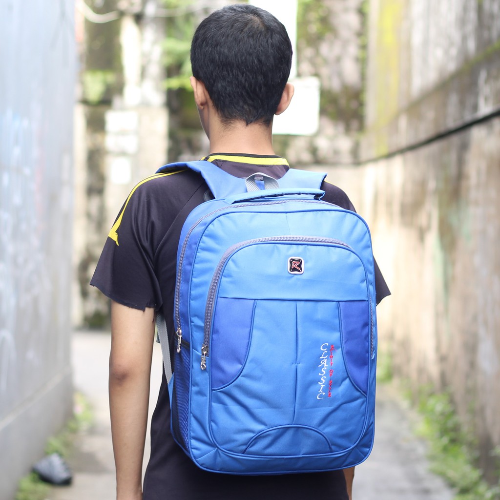 Ransel Cowok Tas Punggung Pria Keren Backpack Sekolah Classic Biru Tas Pria Tas Kantor