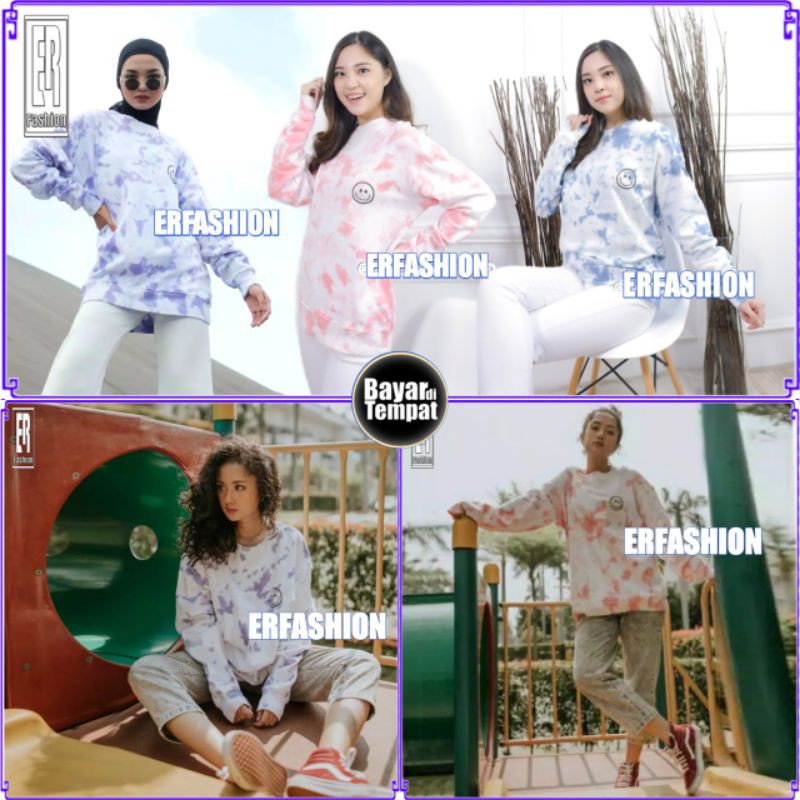 Erfashion Tie Dye Kaos Oversize Longgar Lengan Panjang / Kaos Jumbo Distro Unisex Smile