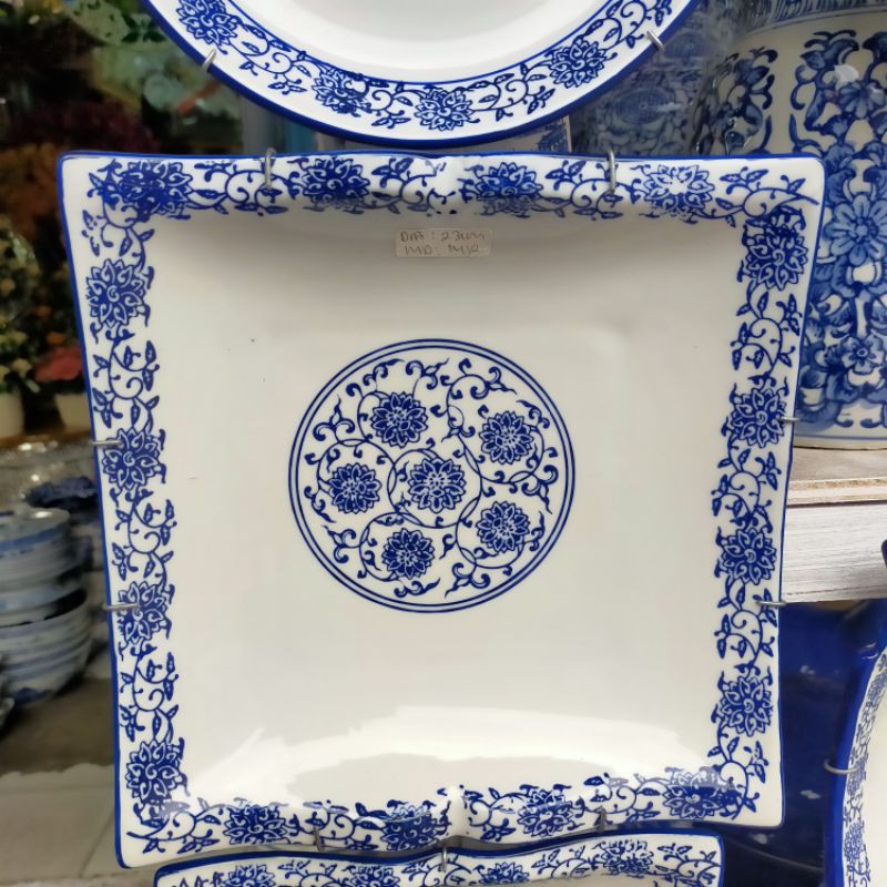 Piring saji keramik biru putih model kotak/ Piring ikan keramik import multifungsi/ Piring import