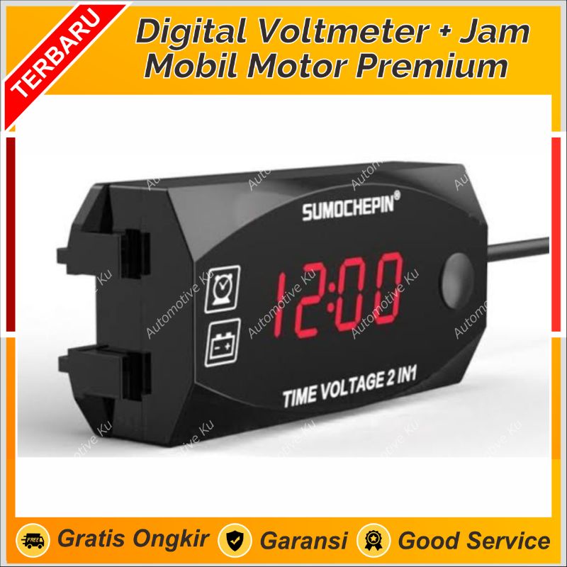 DIGITAL VOLTMETER + JAM 2 IN 1 PREMIUM SPORTIVO WATERPROOF MULTIFUNGSI 12V DC: PENGUKUR SUPLAY ARUS 