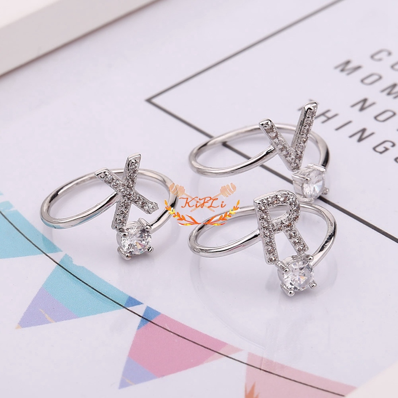 1Pc Cincin Terbuka Adjustable,Motif Huruf Alfabet Inggris,Hias Berlian Imitasi Untuk Wanita