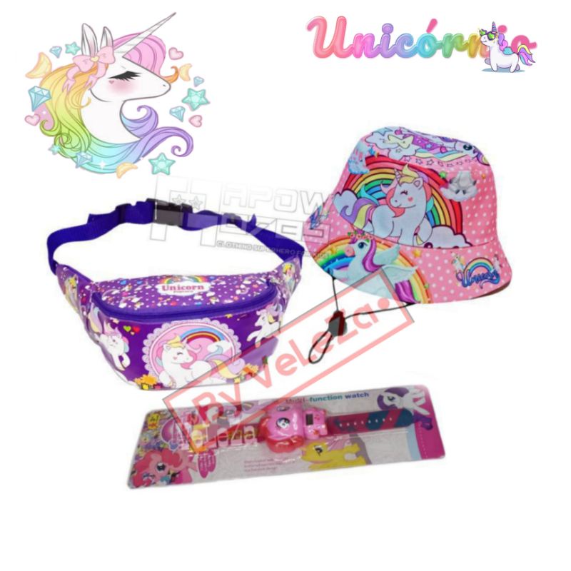 Waistbag anak karakter unicorn 3in1 - tas + topi bucket + jam tangan