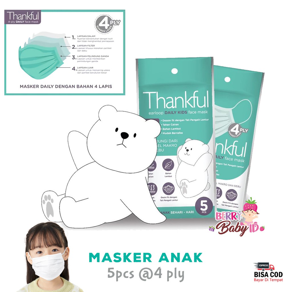 Thankful Masker Isi 5 Masker Anak Earloop Kids Face Mask Multifungsi Berry Mart