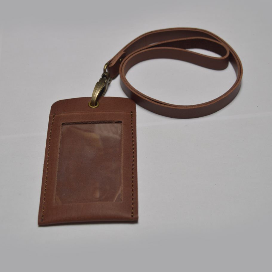 gantungan id card kulit asli model simpel - card holder - coklat