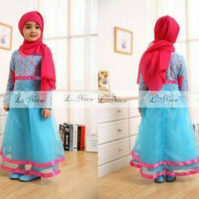 DISKON!! Gamis LNice 1-12 tahun Dress Muslim Anak Perempuan Termasuk Kerudung