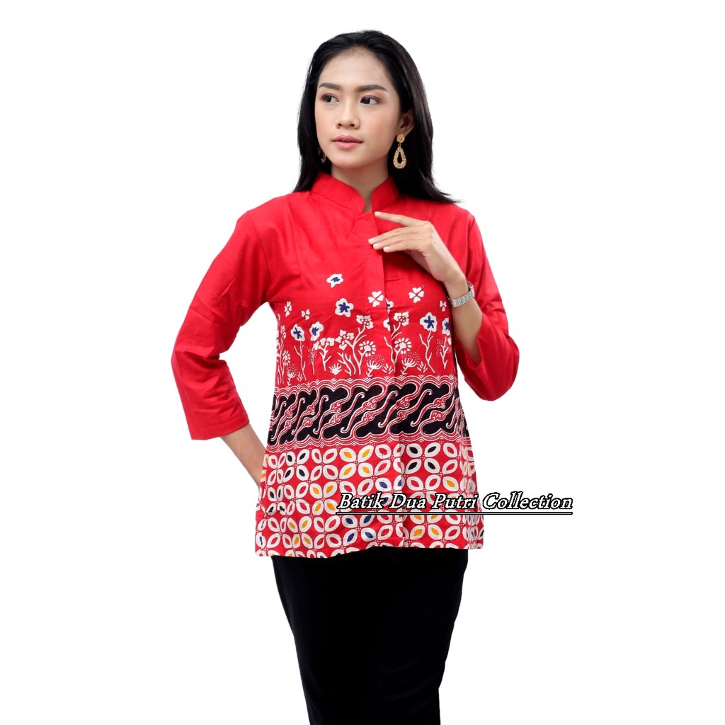 Batik Wanita Atasan Blouse Lengan Panjang Kancing Depan merah-kuning-biru-hitam