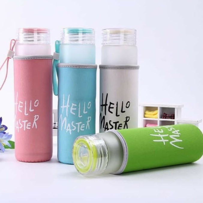 BOTOL KACA HELLO MASTER + POUCH WARNA UK. 300ML / BOTOL KACA HELLO MASTER UK. 300ML