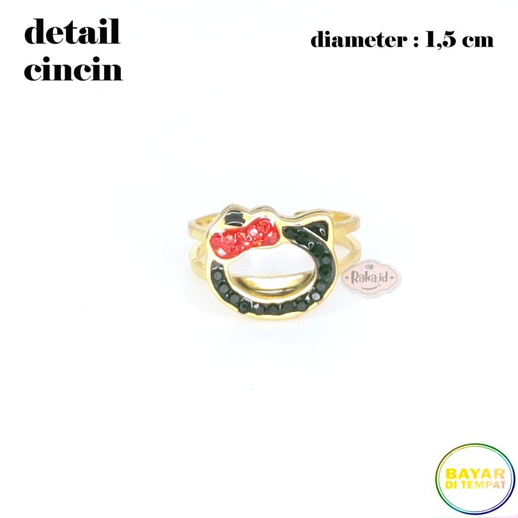 Paket Set Titanium Anak Kalung + Gelang + Cincin + Anting Hello Kitty Hitam Merah 640