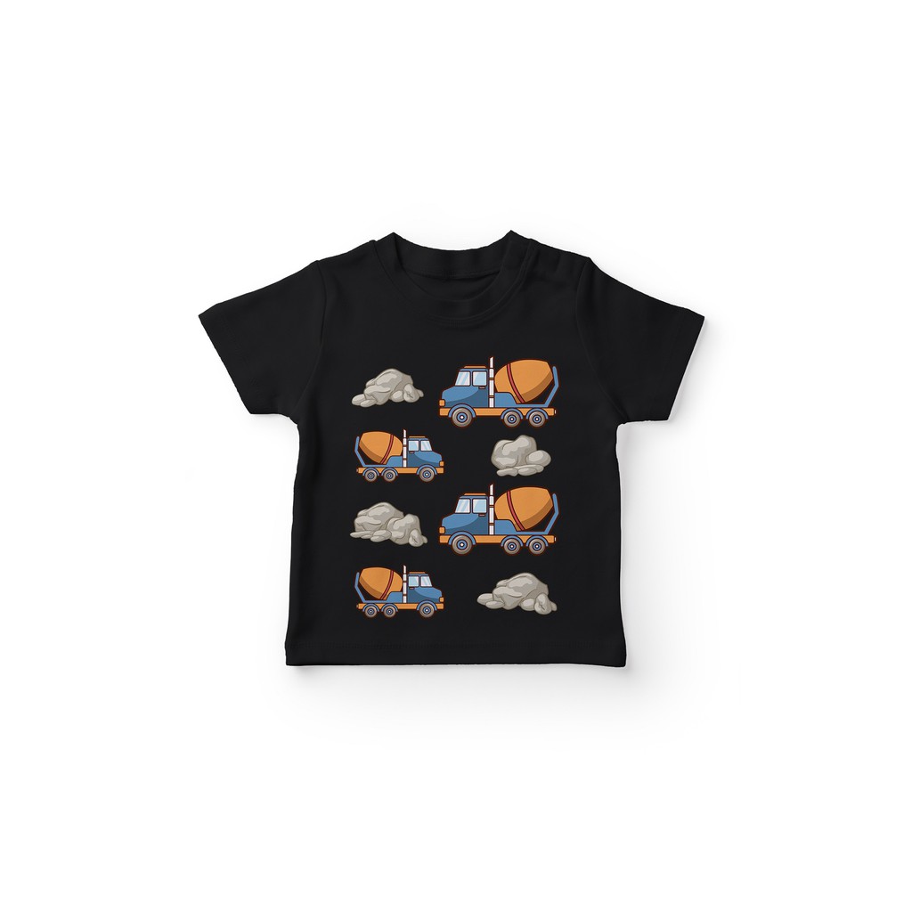 GKAHTM696 Kaos Anak Gambar Truk Molen Melewati Batu Baju Anak Lengan Pendek Bahan Katun 30s Hitam