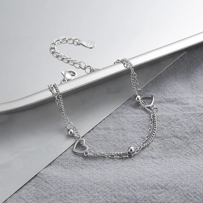 Women Silver Heart Charm Double Layer Silver Beads Exquisite Bracelets