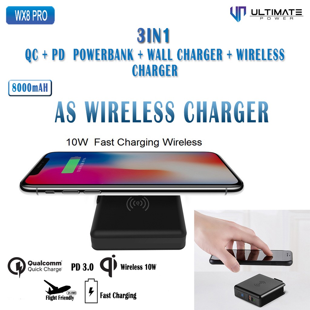 Adapter Charger QC PD UltimatePower WX8 Pro 3in1 Powerbank + Wall Charger + Wireless Charger 8000mAh