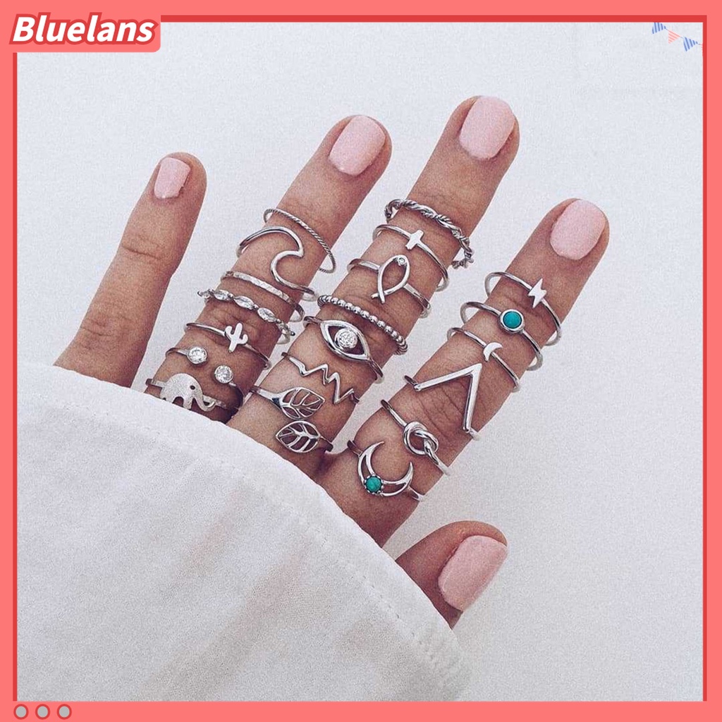 20pcs / Set Cincin Knuckle Desain Gajah Daun Aksen Berlian Imitasi Gaya Bohemia Untuk Aksesoris