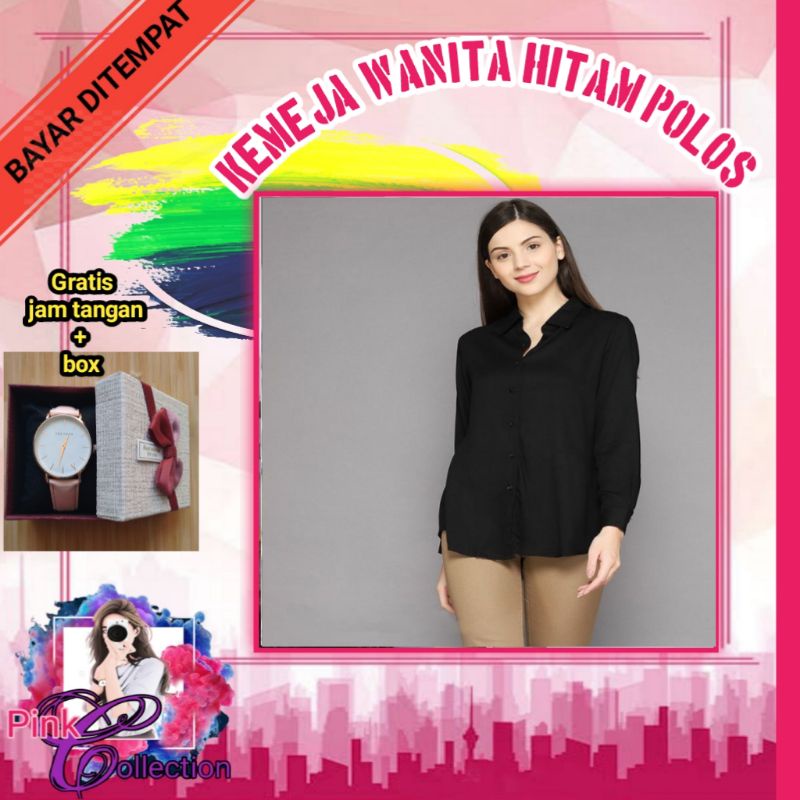 KEMEJA KERJA BASIC WANITA POLOS WARNA HITAM GRATIS JAM TANGAN CANTIK BAJU HEM KEMEJA HITAM POLOS RAY