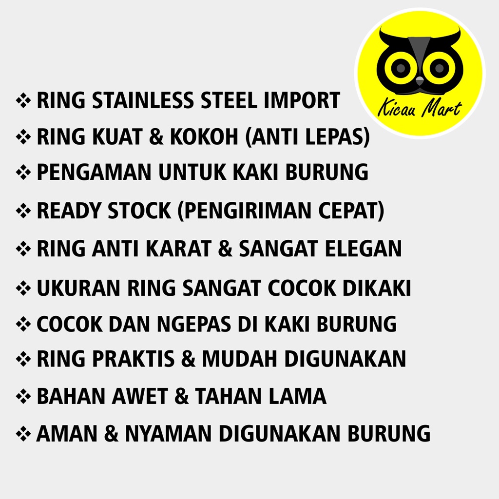 RING KAKIBURUNG STAINLESS STEEL IMPORT 12 MM RING BEO KAKAK TUA BAYAN AFRICAN GREY PARROT RCG12M