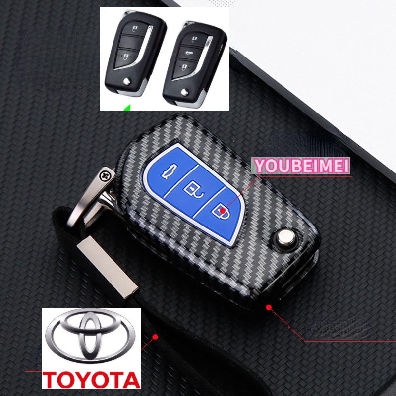 1pc case Kunci Mobil Bahan ABS + Silikon Karbon Warna Hitam Untuk Toyota Corolla Ralink Highlander Camry Yize CHR