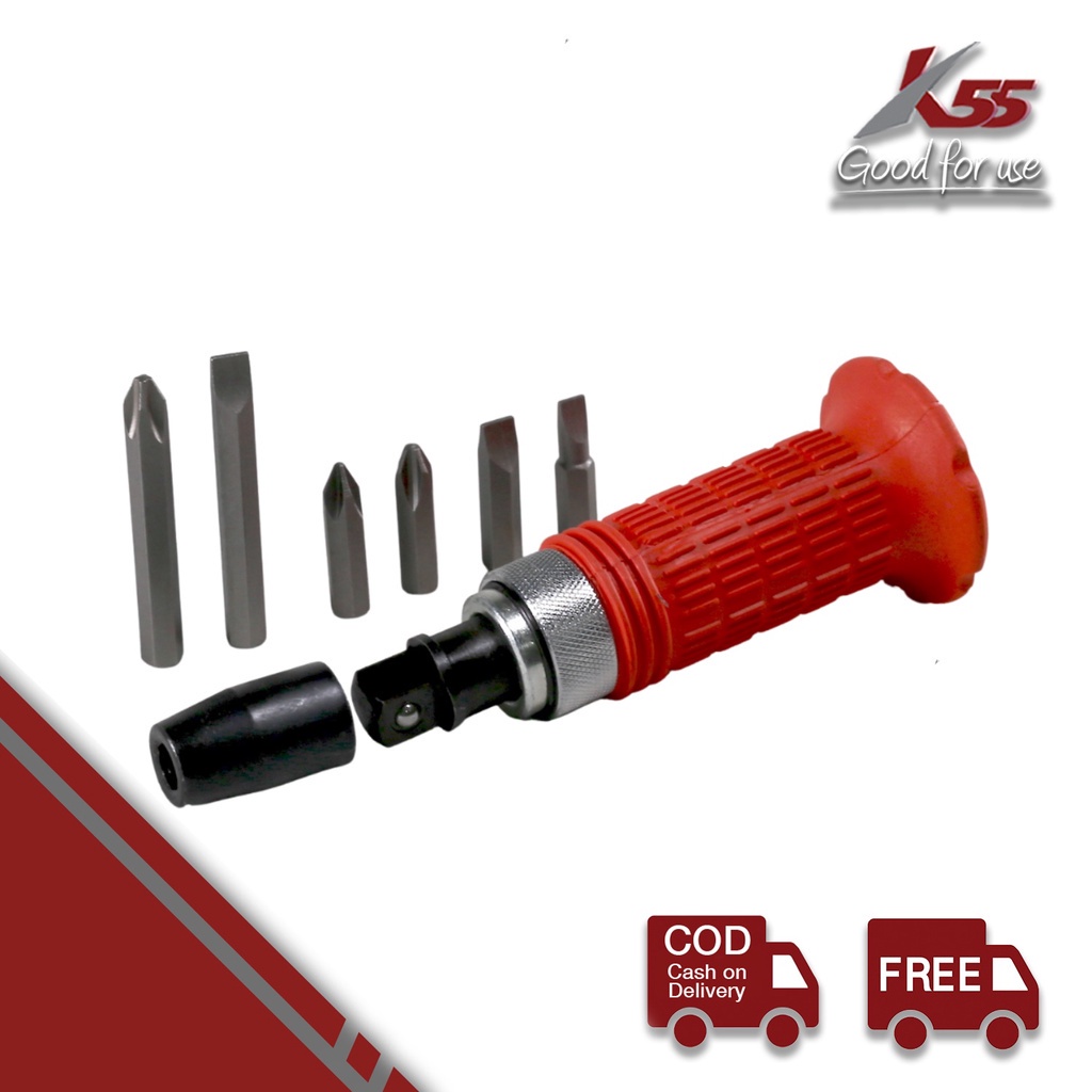 K55 Obeng Ketok Set 7 Pcs - Impact Screwdriver Obeng Getok Gagang Karet