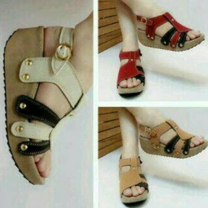 wedges merah, cream, tan, sepatu sandal pesta & santai wanita