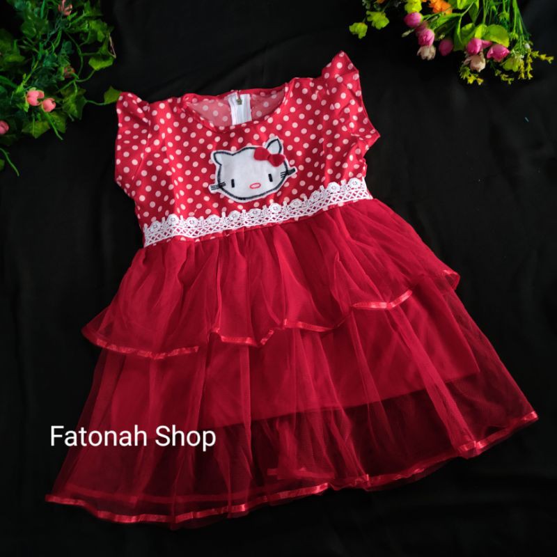 Dress anak 1-2 tahun gaun tutu anak cewek gaun anak perempuan hijau hellokitty ( dress SAP kitie )