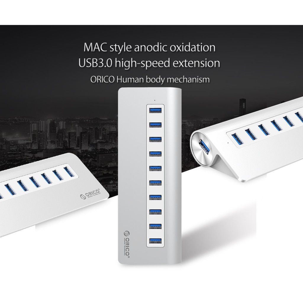 Usb 3.0 hub orico 10 port aluminum 5Gbps BC1.2 adapter for pc laptop m3h10 - terminal usb3.0 10 slot adaptor