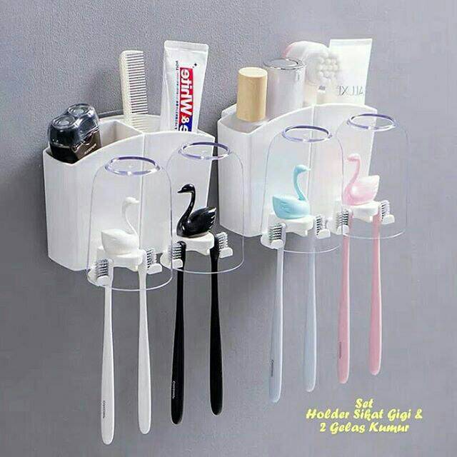 Hf292 Set holder gantungan sikat gigi gelas kumur tempat odol model swan