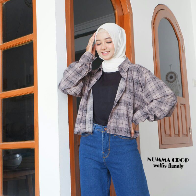 BLOUSE TARTAN LENGAN BALON MIZU KOREAN STYLE | KEMEJA MODEL FLANEL WANITA NUMMA-Numma Nude