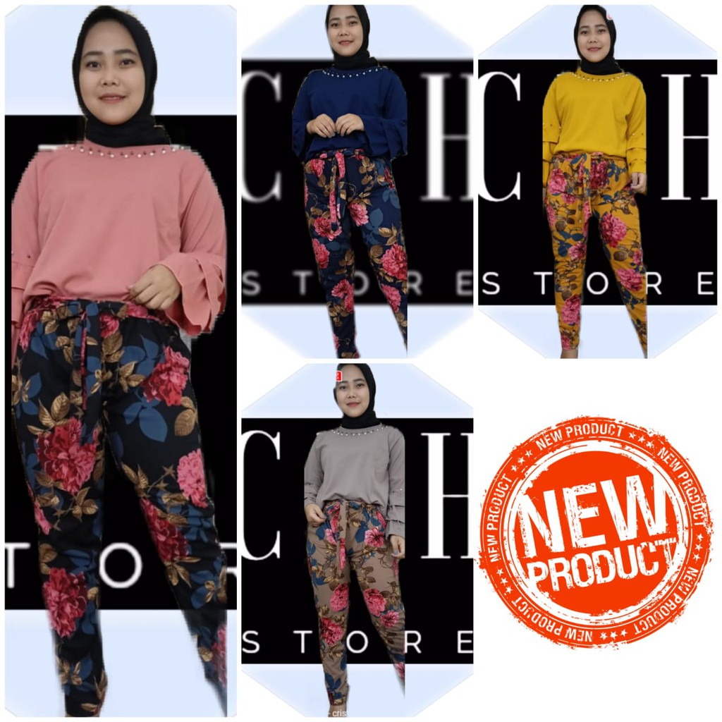 SETELAN VOXY MUTIARA (3298) SET PAKAIAN WANITA MUSLIM - SETELAN CELANA BAHAN VOXY LENGAN BUNGA [COD]