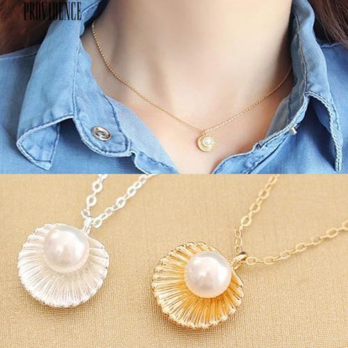 [Bayar Di Tempat]Elegan Faux Pearl Shell Charm Dipoles Kalung