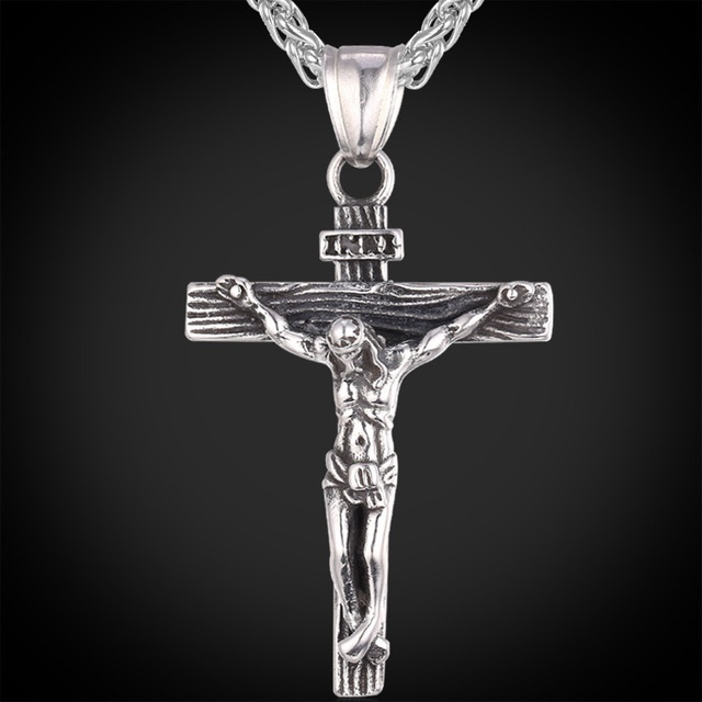 Kalung Rantai Liontin Salib Yesus Bahan Stainless Steel Lapis Emas / Silver 14k Gaya Hip Hop