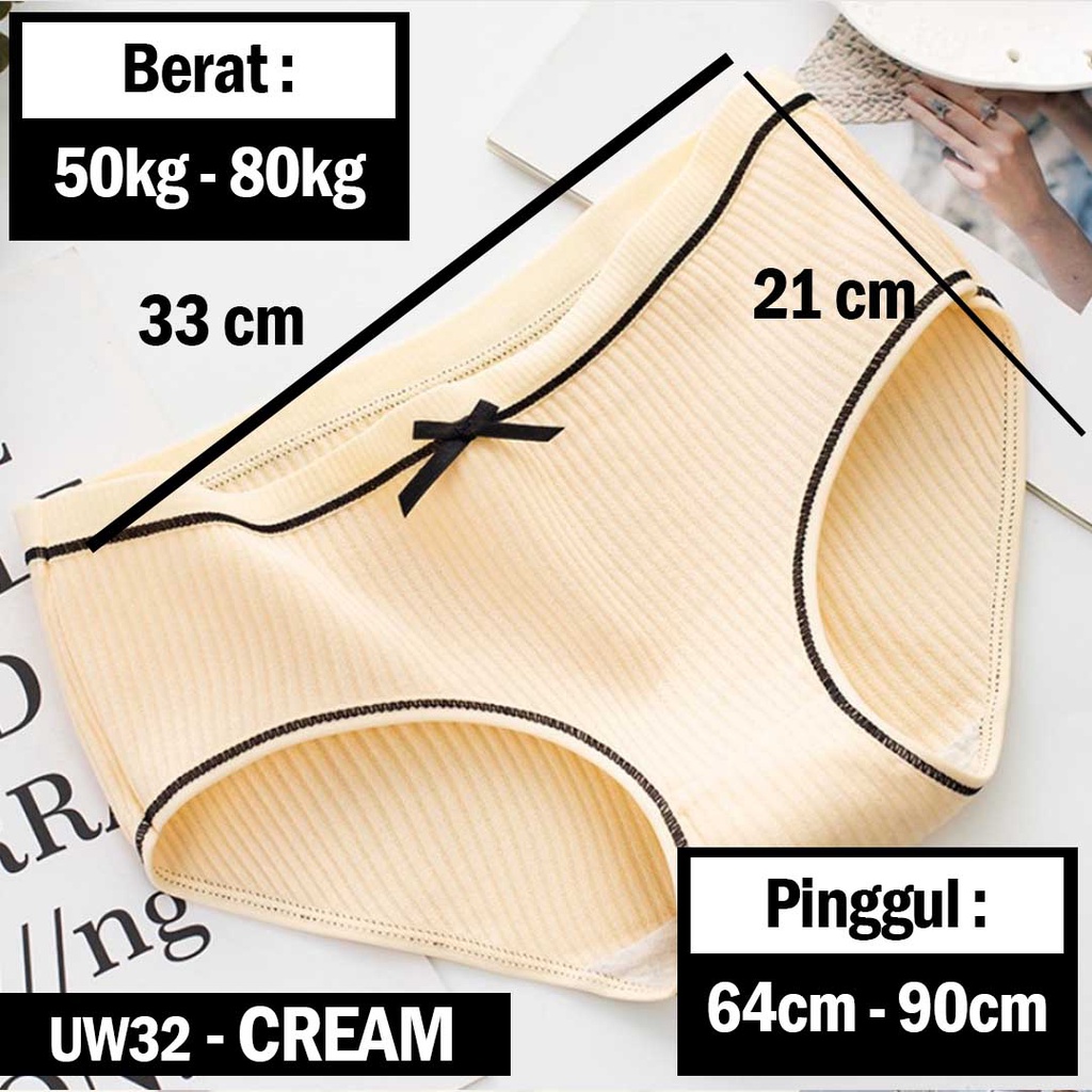 3SP | UW32 Celana Dalam Remaja Wanita Garis Polos Pita List Hitam Fashion Korea Import-Cream